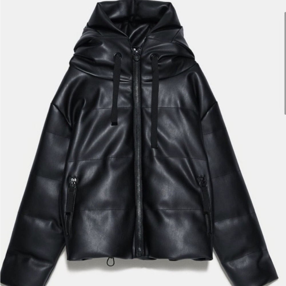 Zara Black Faux Leather Puffer Jacket